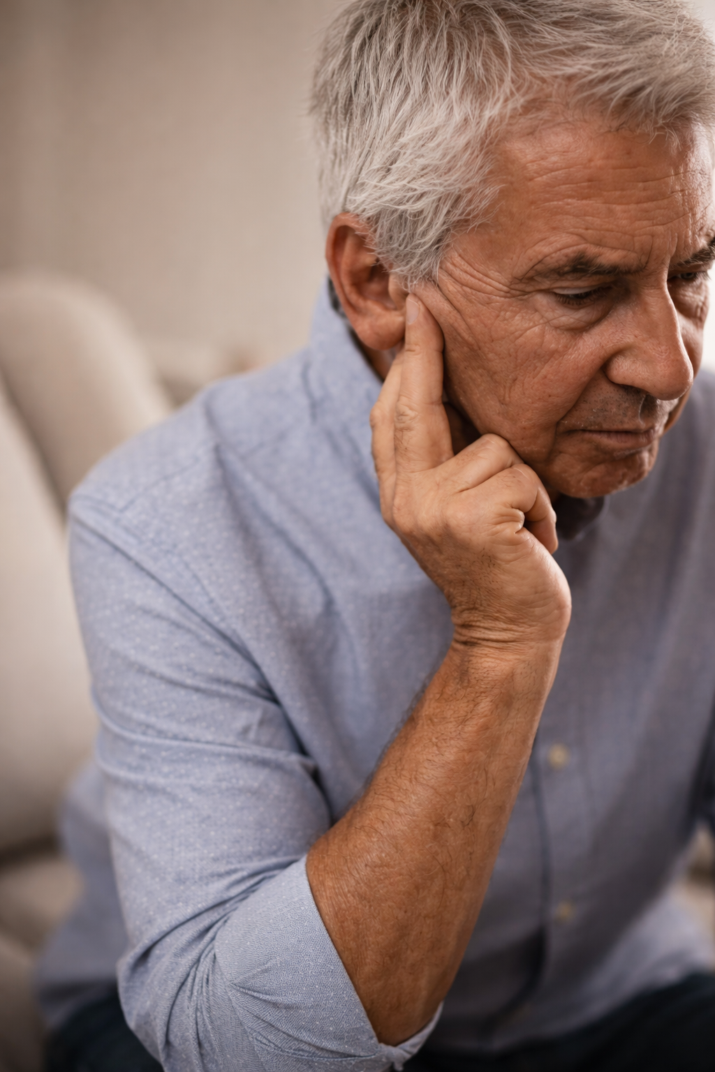 Person experiencing the exhaustion of daily hearing loss challenges